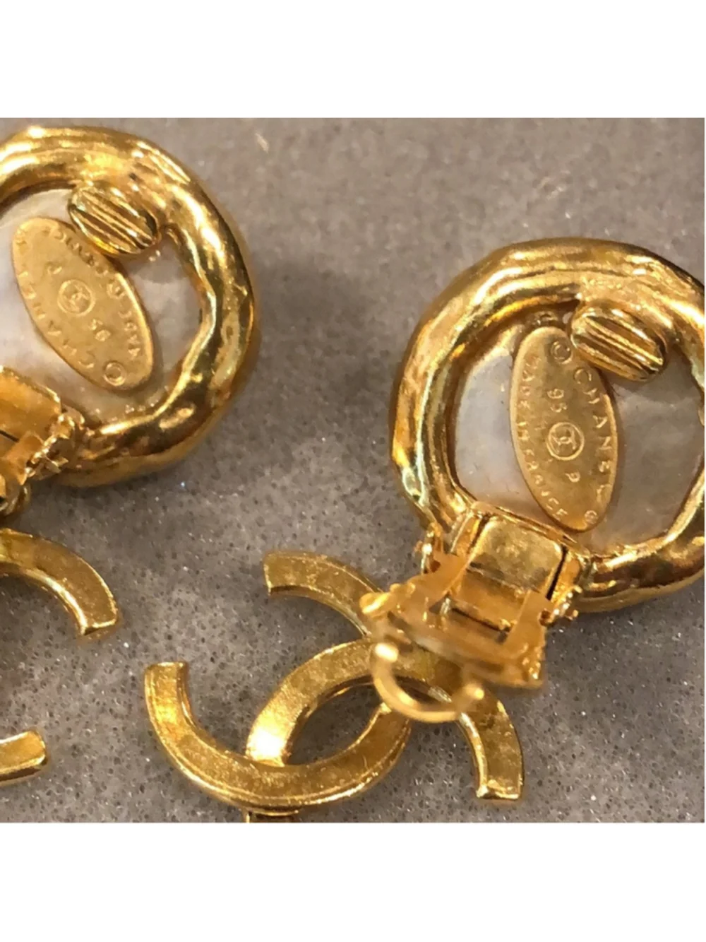 CHANEL Interlinked CC 24k Gold Plated and Cream Mabe Pearl Drop Clip-On Earrings